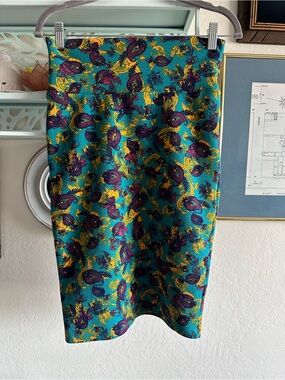 LuLaRoe Teal Pencil Skirt with Purple and Yellow Paisley